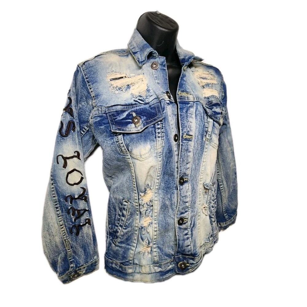 y2k Evolution Women's Denim Jacket Custom Distressed Street Wear 32" Chest